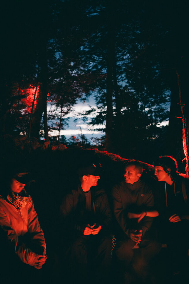 Four people happily converse illuminated by a campfire in the Grove of Sustain-Release as the sunlight of the day peaks through the trees.