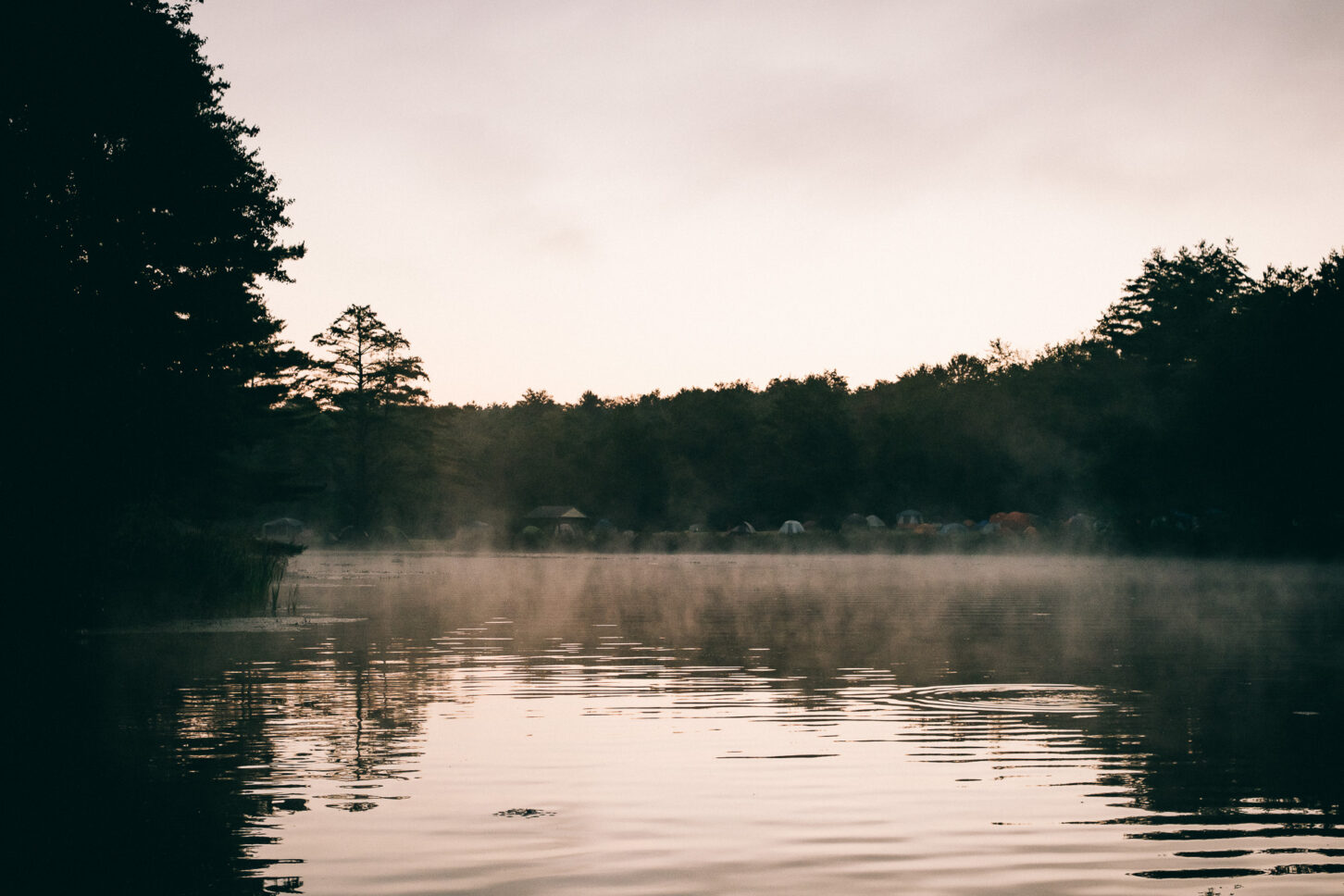A layer of fog blankets the lake of Camp Kennybrook in the morning during Sustain-Release.
