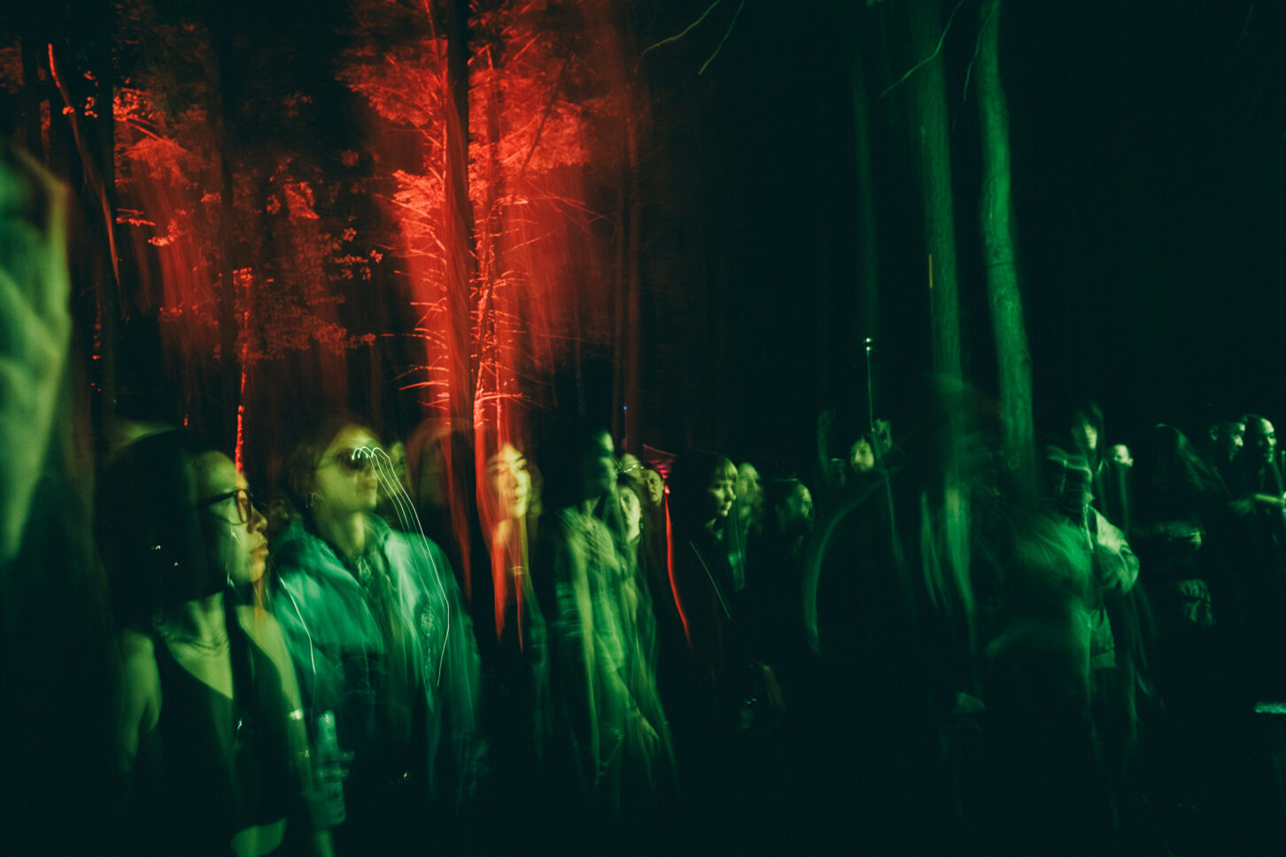 Long exposure of crowds dancing at the Grove of Sustain-Release.